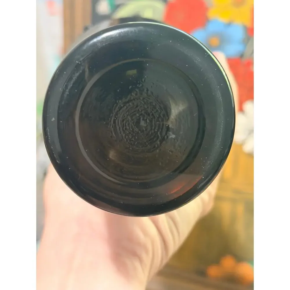 Vintage Black Amethyst Art Glass Vase 9” Hand-Blown Ruffled Crimped Rim